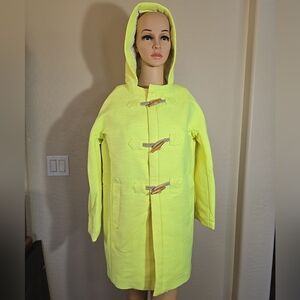 J Crew Collection Hooded Neon Yellow Wooden Toggle Button Coat Size 0